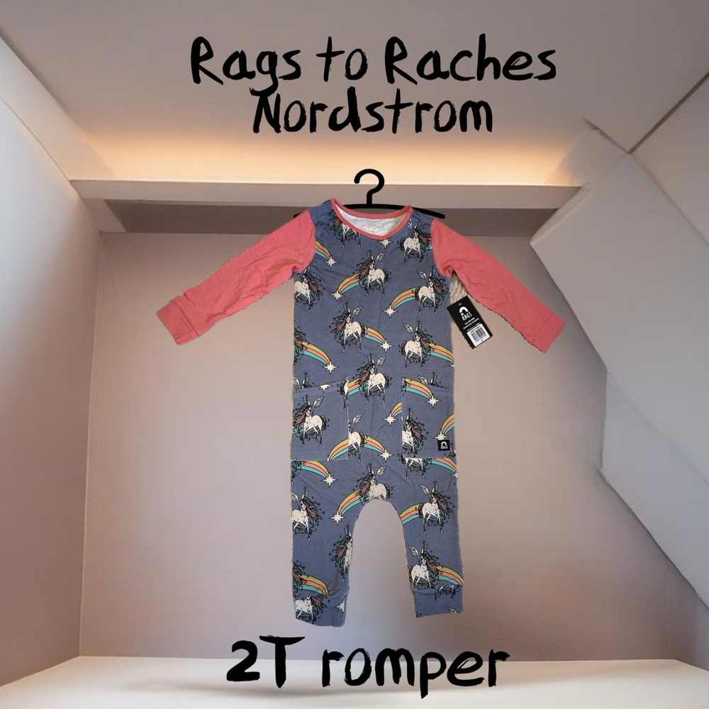 🌸 Rags to Raches, Nordstrom, 2T romper, pink and purple unicorns and rainbows.